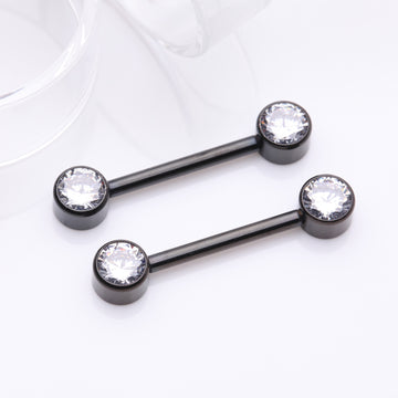Detail View 1 of A Pair of Implant Grade Titanium Blackline Bezel Set Sparkle Internally Threaded Nipple Barbell-Clear Gem